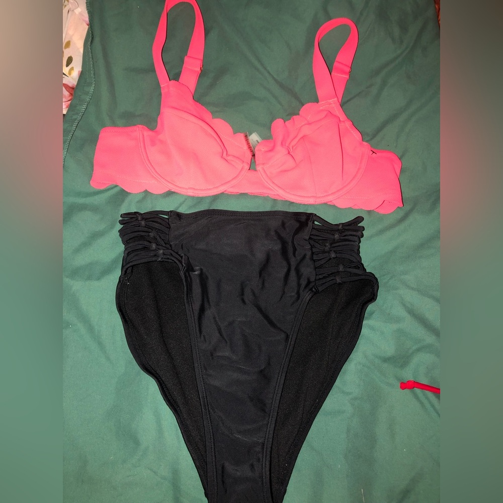 Pink and Black High Waisted Bikini Set